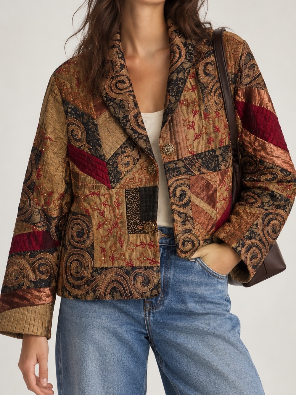 Vintage Sandy Starkman Silk Patchwork Jacket Embroidered Rhinestone Blazer Small